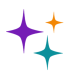 Three stars, each with four points, appear together. The largest is purple, then teal, then orange.