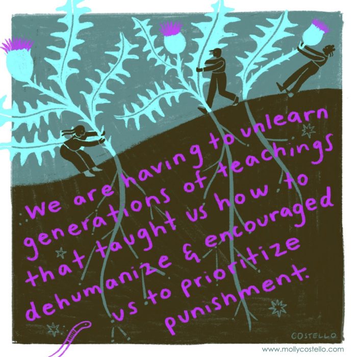 Image of people pulling up plants by their roots. Text reads we are having to unlearn generations of teachings that taught us how to dehumanize and encouraged us to prioritize punishment